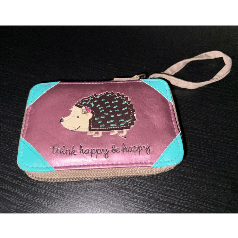 Natural Life Hedgehog Wristlet Wallet "Think Happy Be Happy" Purple Teal